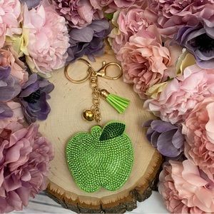 Green Apple Rhinestone Keychain with Tassel Charm